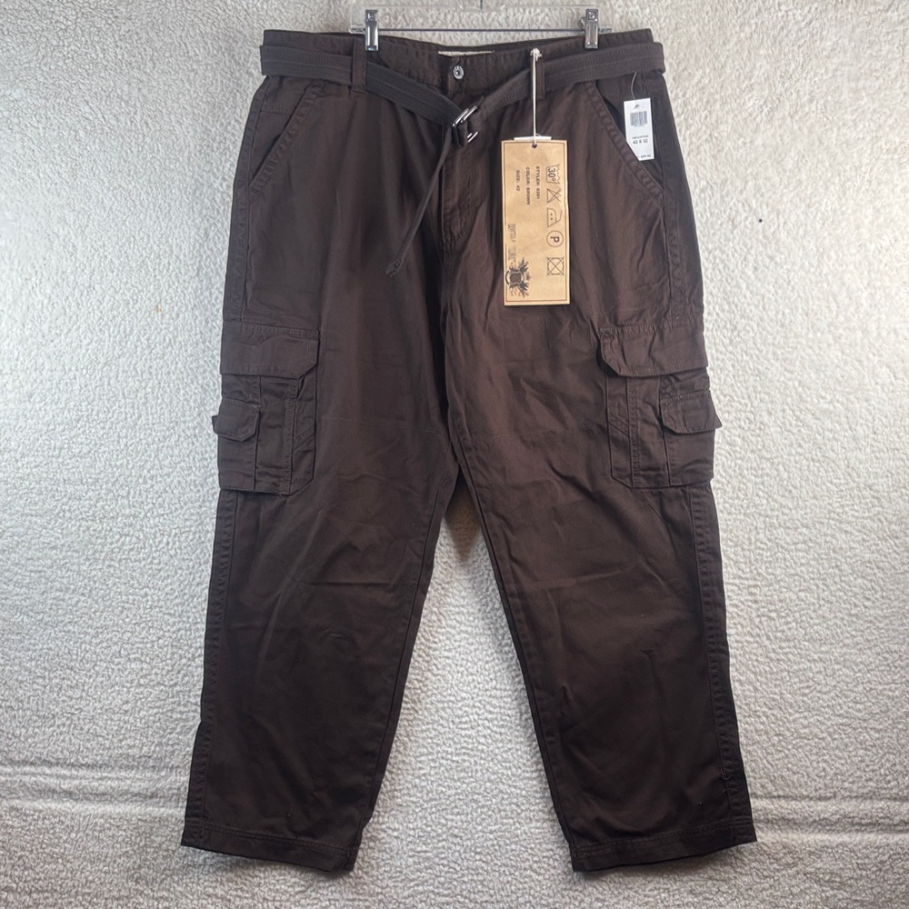 NWT Royal Blue Mens Brown Cotton Belted Cargo Pants 6-Pockets Size 42W x 32L